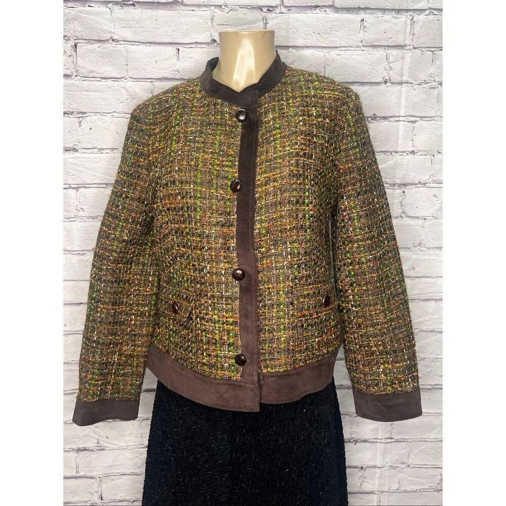 Talbots Womens Brown Multicolor Weave Velvet Trim Tweed Blazer Size 16 Petite